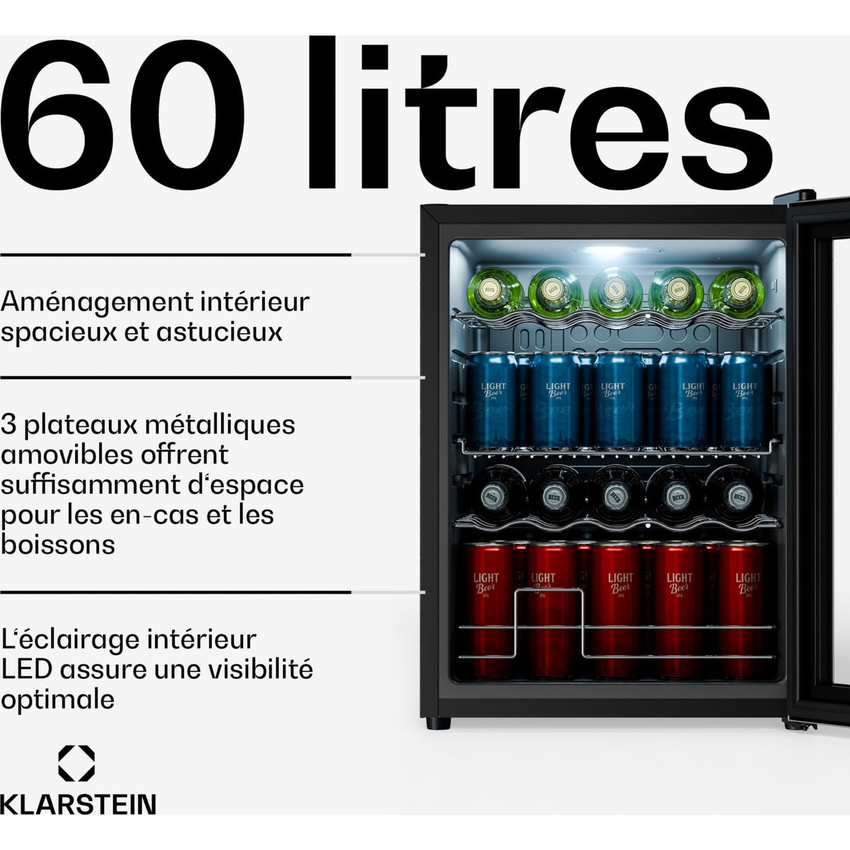 Mini réfrigérateur KLARSTEIN Beersafe porte vitrée 64x48cm LED Argent