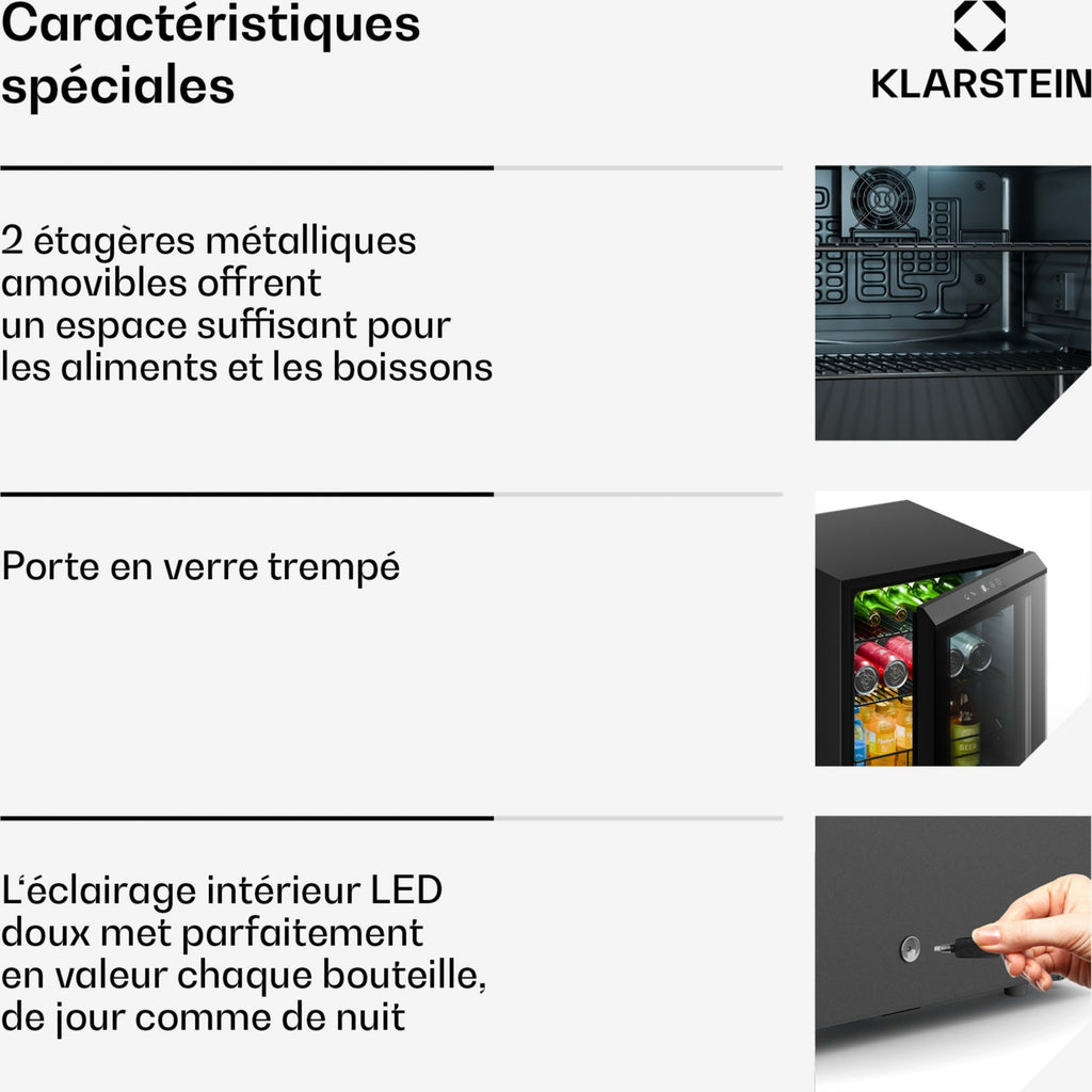 Mini réfrigérateur KLARSTEIN Bevora 52cm 46L Frigo Porte Vitrée Noir