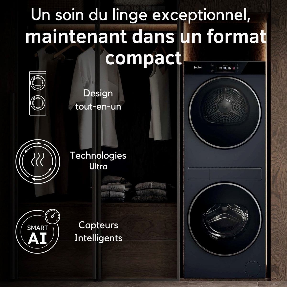 Lave linge séchant hublot HAIER CLC108-GNU1-S - 10/8 kg - 1400 tr/min - Classe A - Moteur direct drive - Connecté - Noir