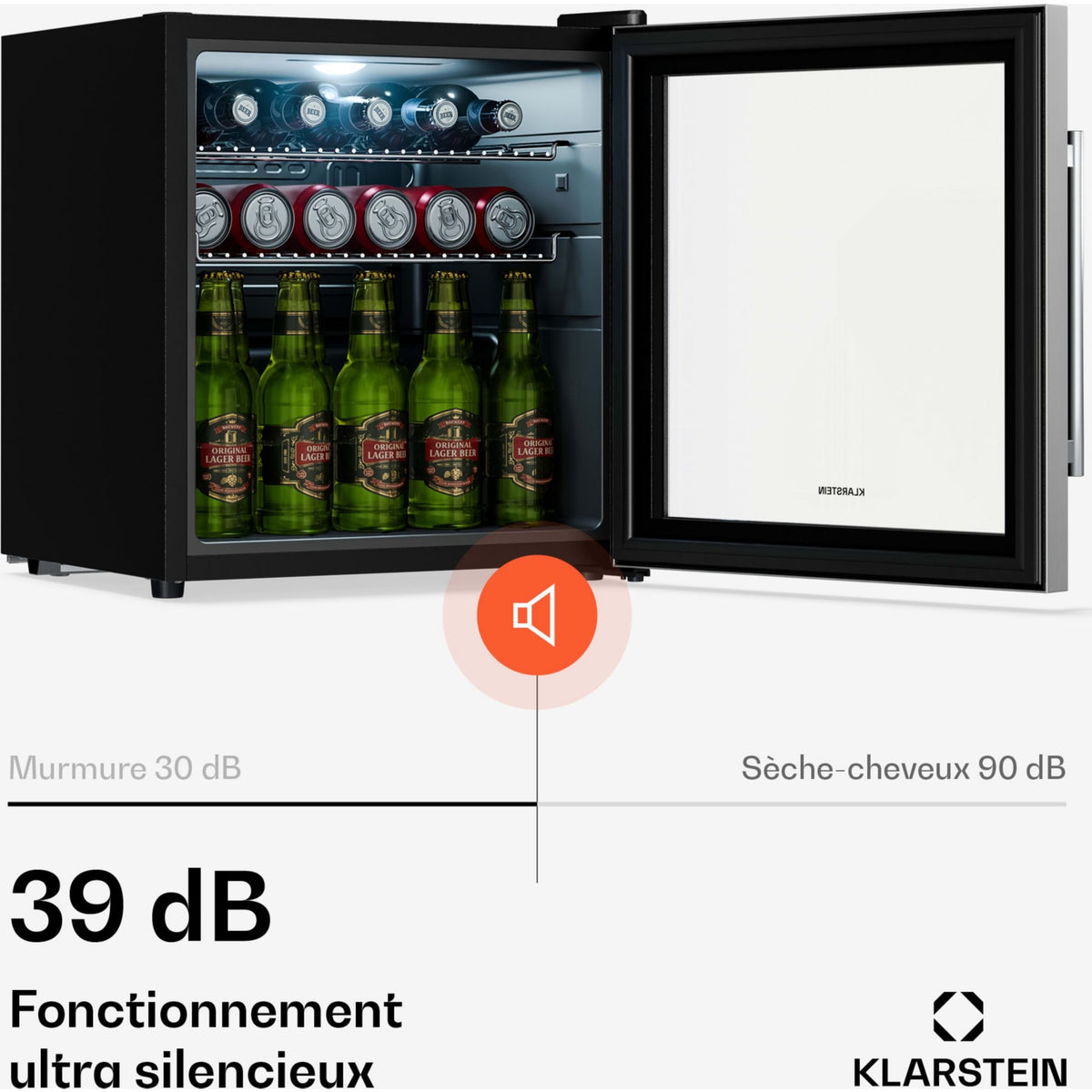 Mini réfrigérateur KLARSTEIN Beersafe porte vitrée 44x48cm LED Argent