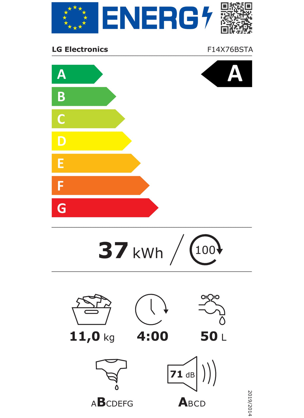 Lave linge hublot LG F14X76BSTA - 11 kg - 1400 tr/min - Classe A - Moteur direct drive - Autodosage - Wifi - Noir