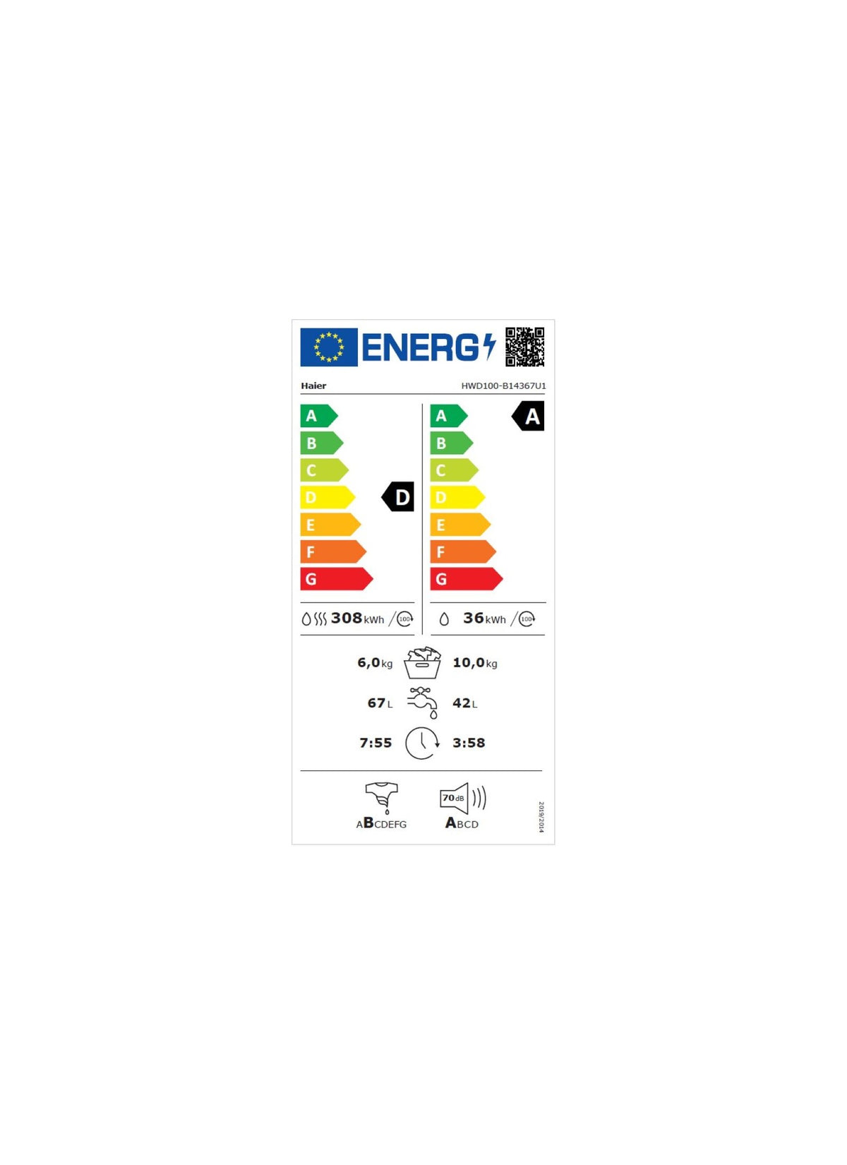 Lave linge séchant hublot HAIER HWD100-B14367UFR - 10/6 kg - 1400 tr/min - Classe D - Moteur Direct Motion - Connecté