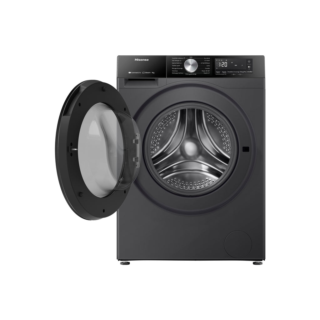 Lave linge hublot HISENSE WF3S9043BB3 - 9 kg - 1400 tr/min - Classe A - Moteur induction - Connecté wifi - Noir