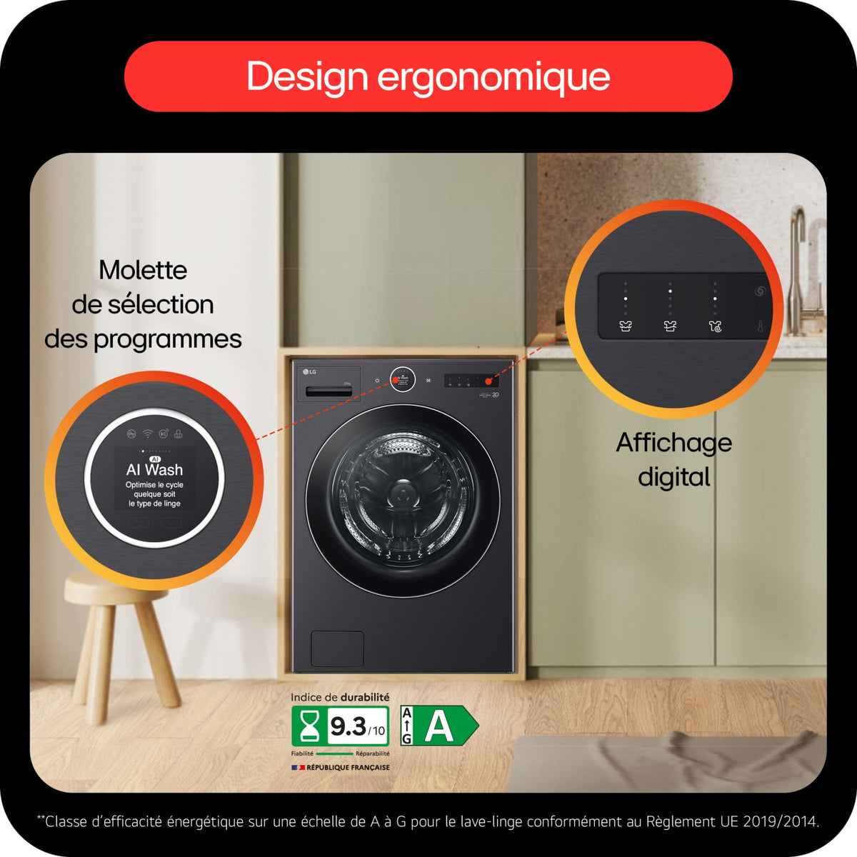 Lave linge hublot LG F20F12BST - 20 kg - 1000 tr/min - Classe A - Moteur direct drive - Wifi - Noir