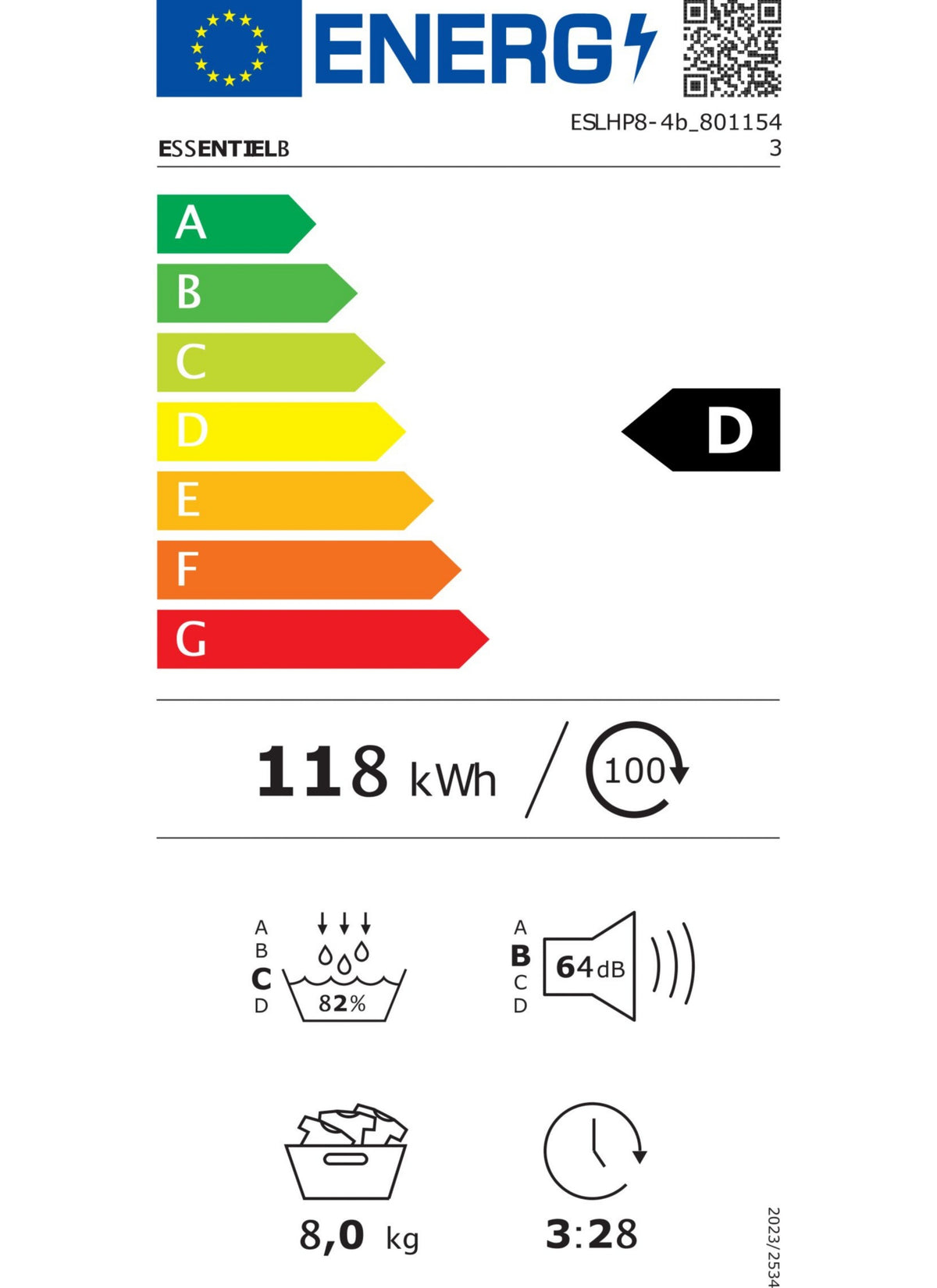 Sèche linge pompe à chaleur ESSENTIELB ESLHP8-4b